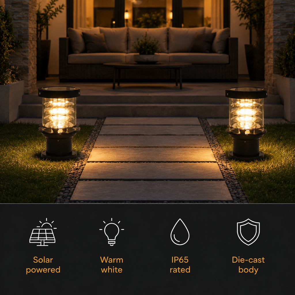 Two solar-powered outdoor bollard lights glowing with warm white light on either side of a stone path in a backyard setting. A dark informational banner at the bottom features icons and text for 'Solar powered', 'Warm white', 'IP65 rated', and 'Die-cast body'.