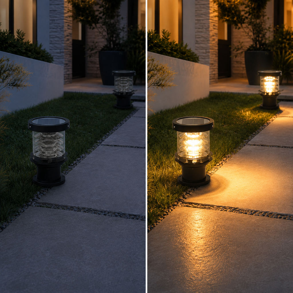 Two outdoor solar pathway lights shown side by side at night, illuminating a concrete walkway and grass beside a modern house. The left view shows the lights unlit, while the right view shows them glowing with warm light.