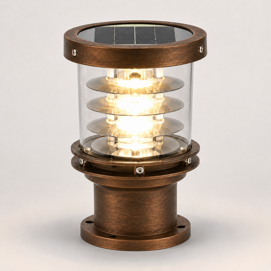 A solar-powered outdoor bollard light with an antique bronze metal finish, clear glass shade, and integrated solar panel on top, shown illuminated against a neutral light gray background.