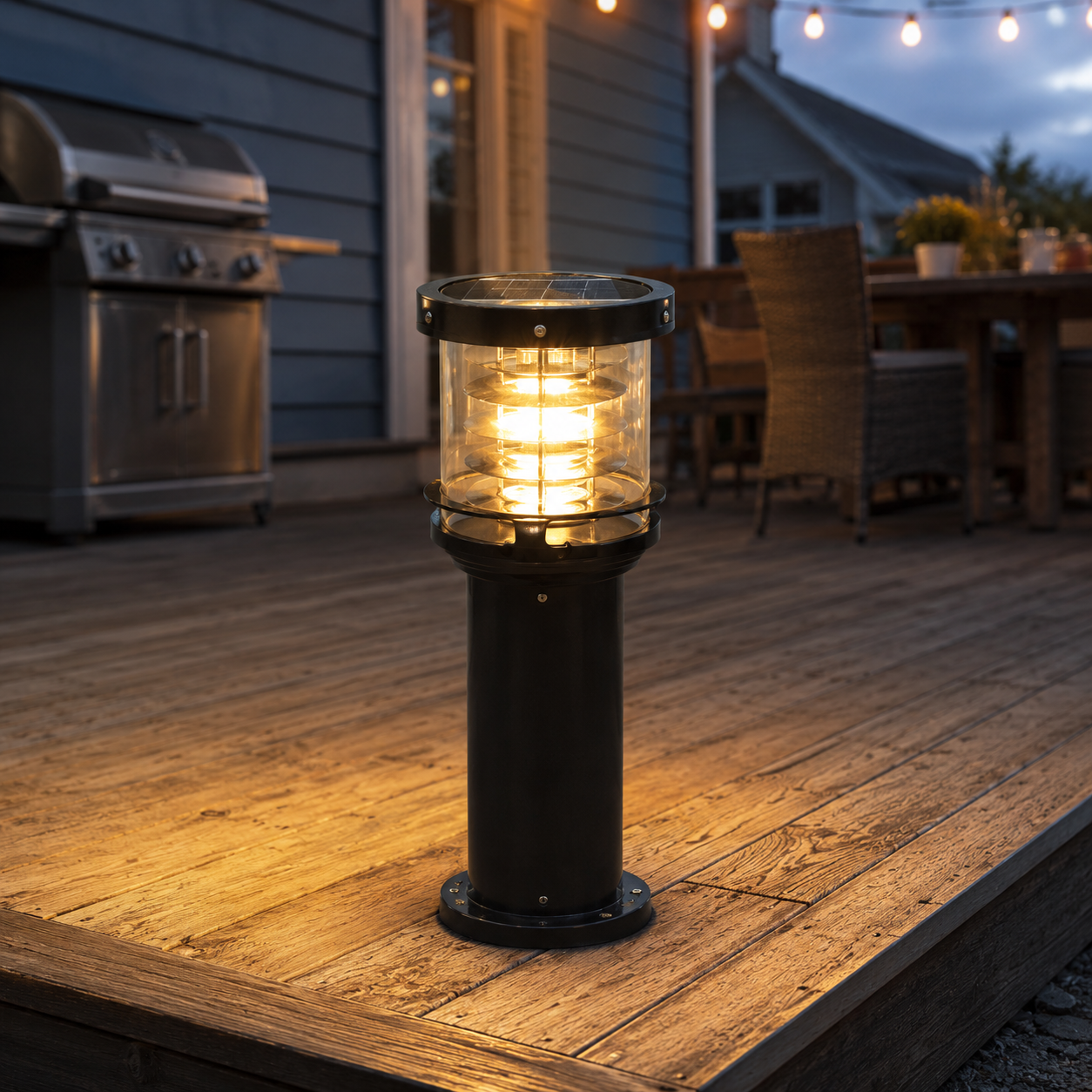 A cylindrical outdoor bollard light with a black metal body and glowing warm yellow glass, placed on a wooden deck at dusk near a patio grill and dining table.