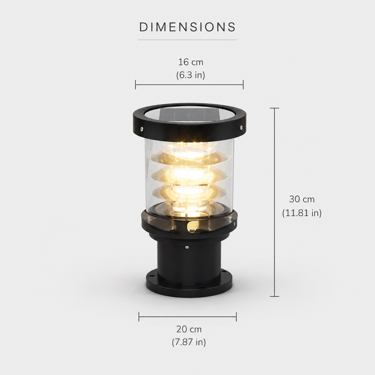 A black outdoor bollard light with a clear glass shade and warm glowing light inside, shown with dimension lines and text indicating height, width, and depth measurements on a light gray background.