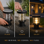 Three-panel product demonstration of a solar outdoor ground stake light. The left panel shows hands placing the light in a garden setting.
