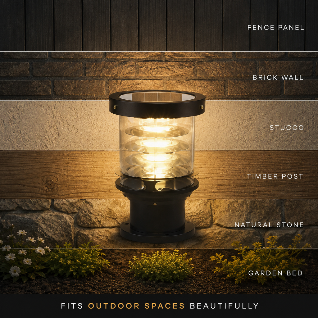 A black outdoor landscape light with a clear glass shade and warm glowing bulb, mounted against a stacked stone and wood wall. White text labels identify the wall materials: fence panel, brick wall, stucco, timber post, natural stone, and garden bed.