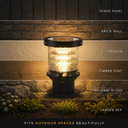 A black outdoor landscape light with a clear glass shade and warm glowing bulb, mounted against a stacked stone and wood wall. White text labels identify the wall materials: fence panel, brick wall, stucco, timber post, natural stone, and garden bed.