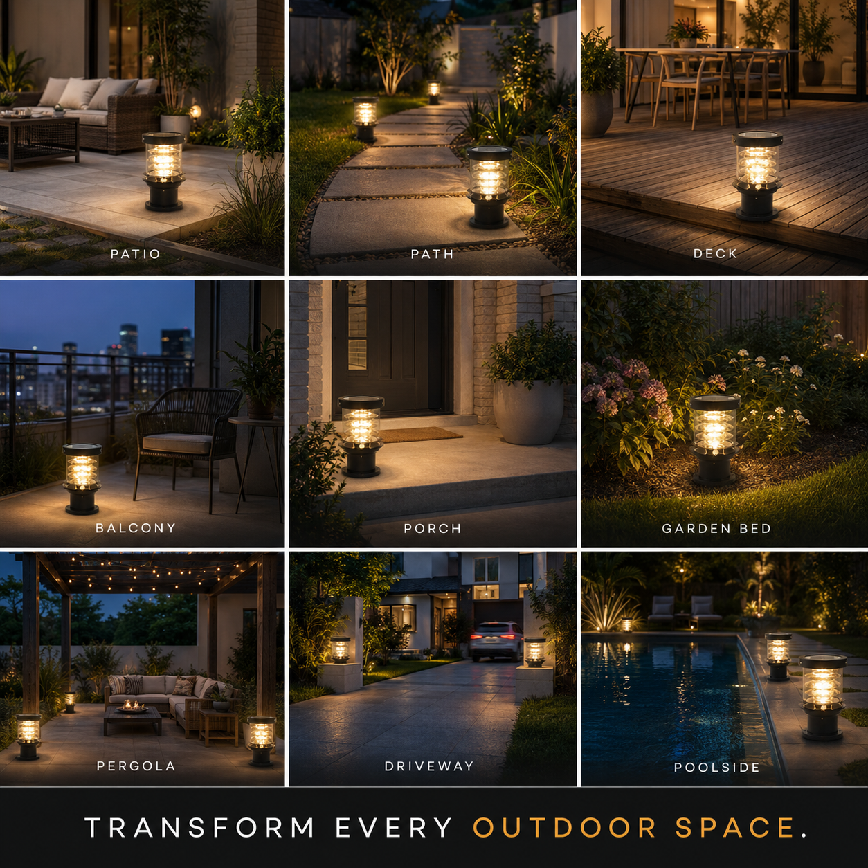 A 12-panel collage showing outdoor landscape lighting fixtures in use on patios, paths, decks, balconies, porches, garden beds, pergolas, driveways, and poolside at night. Each panel features a glowing boll-style light illuminating a patio, walkway, or garden area.