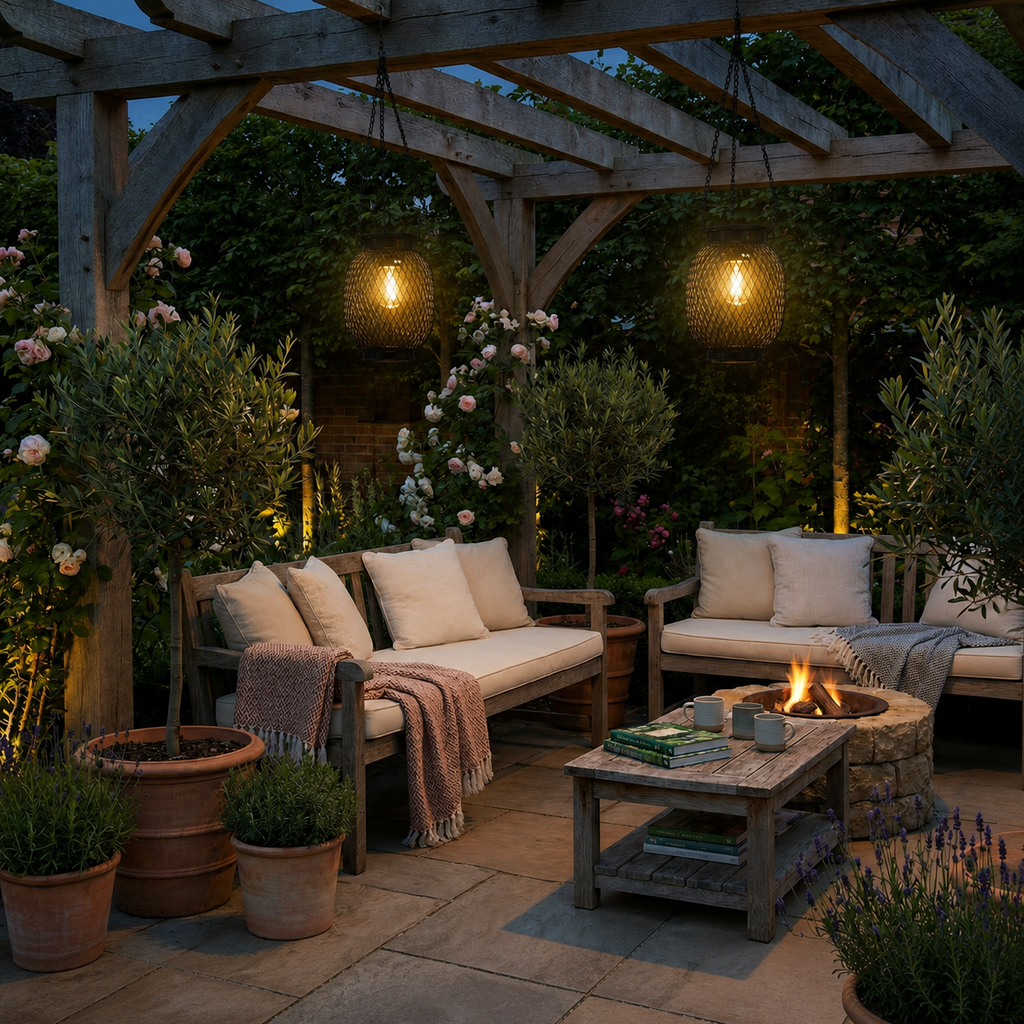Two outdoor solar lanterns glow above a redecorated pergola patio at dusk.