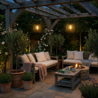 Two outdoor solar lanterns glow above a redecorated pergola patio at dusk.