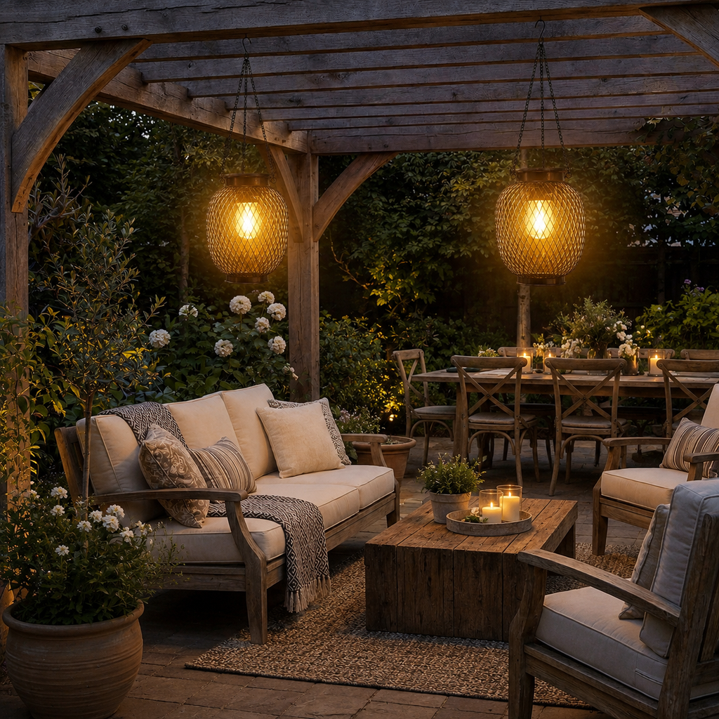 Two outdoor solar lanterns illuminate a wide pergola seating and dining area.