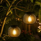 Two outdoor solar lanterns hang among leafy branches in a dark garden.