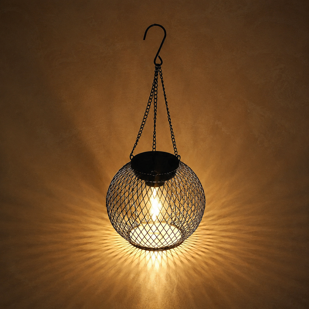 One outdoor solar lantern casts a radial warm glow across a textured wall.