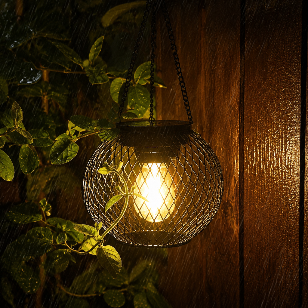 An outdoor solar lantern glows beside wet foliage and a timber garden wall.