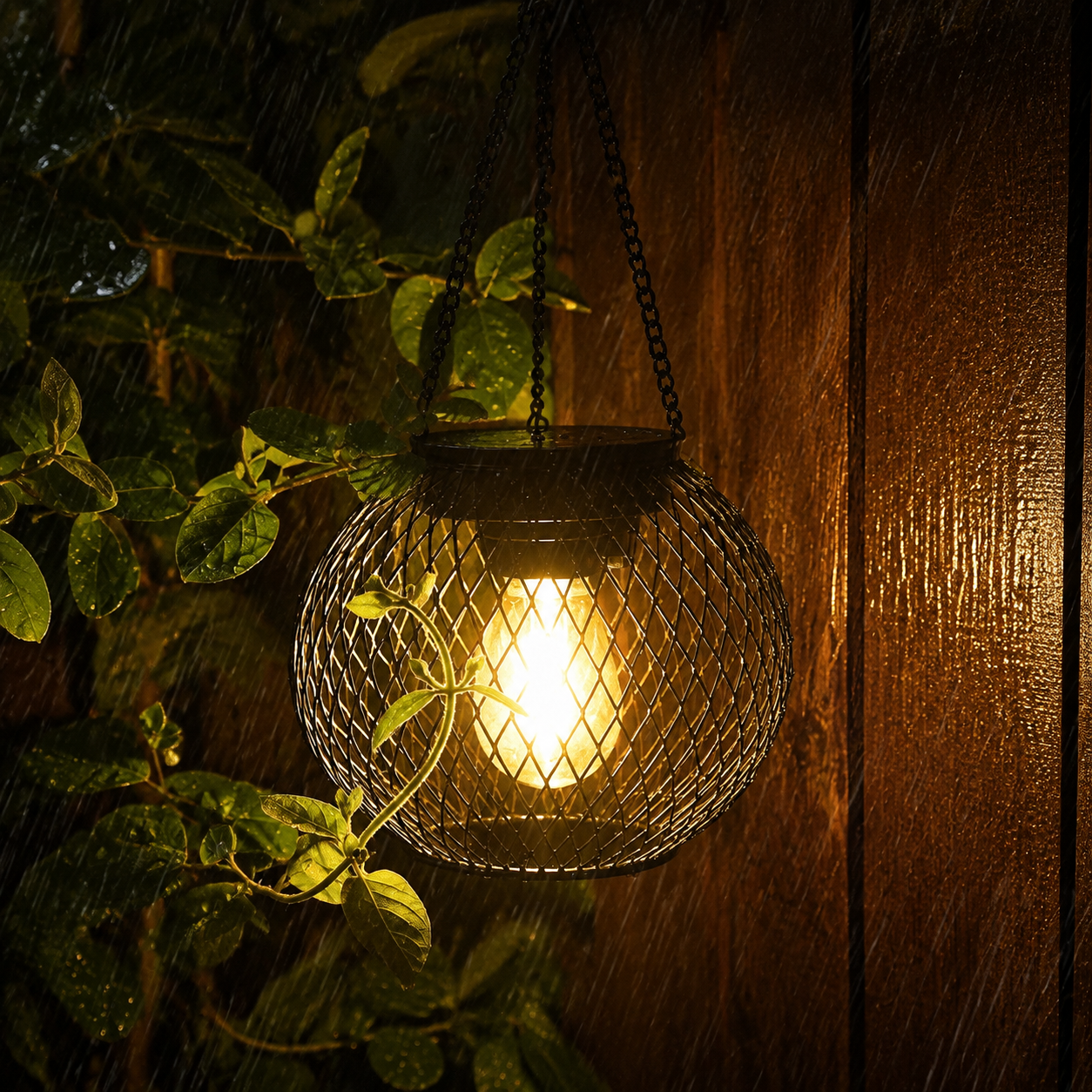 An outdoor solar lantern glows beside wet foliage and a timber garden wall.