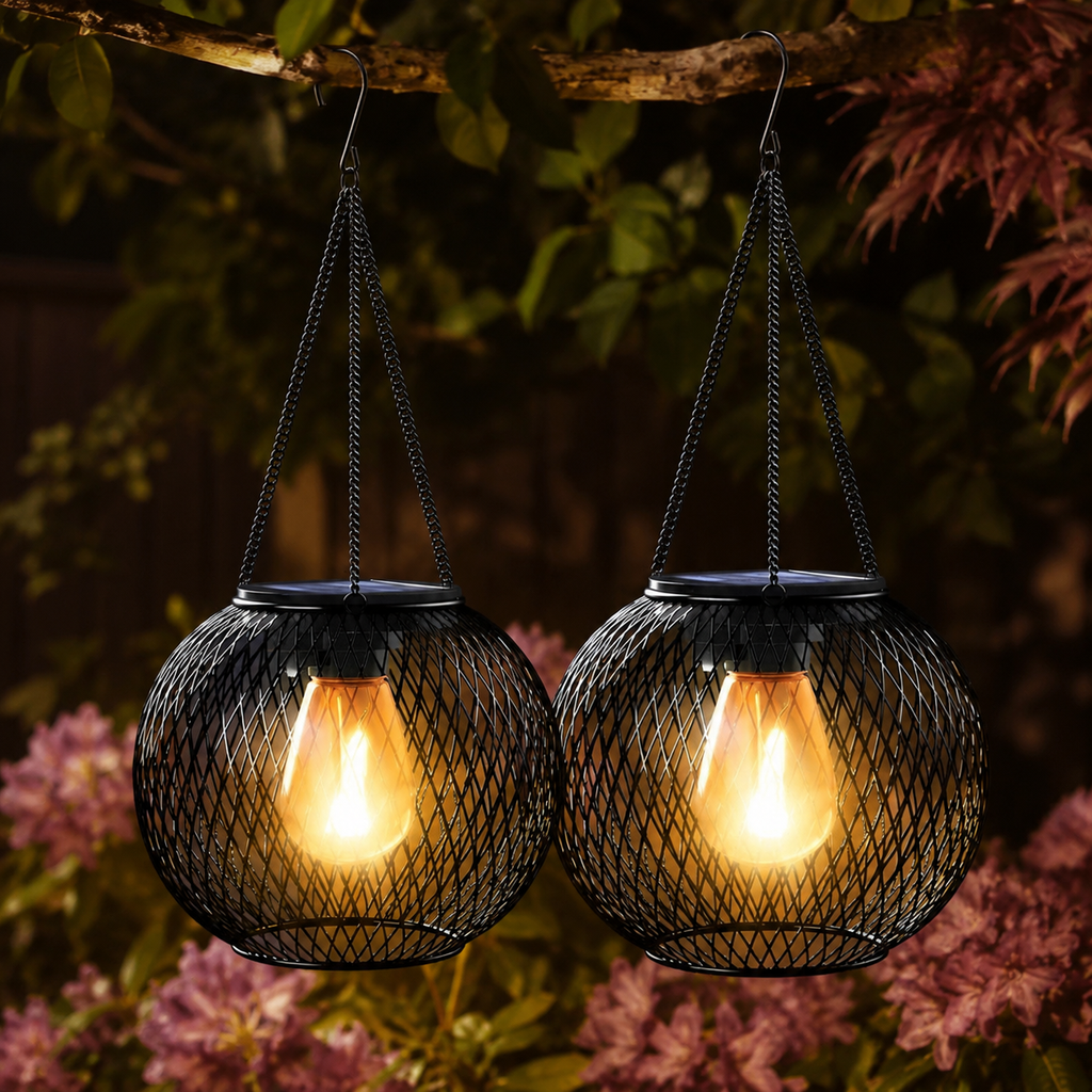 Two outdoor solar lanterns glow side by side beneath a leafy garden branch.