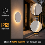 Outdoor wall light in an IP65 graphic with a glowing front view and two close-up side views.