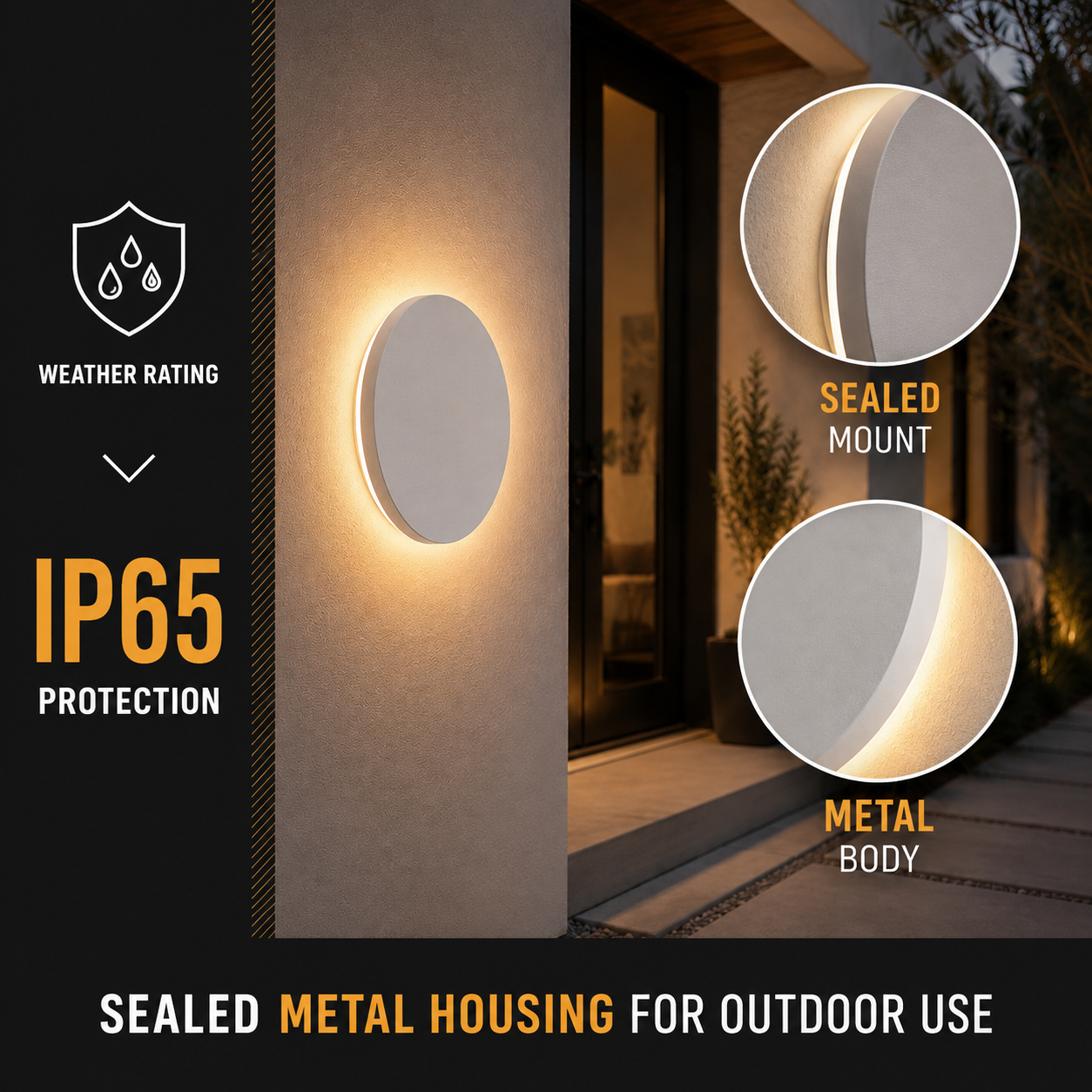 Outdoor wall light in an IP65 graphic with a glowing front view and two close-up side views.