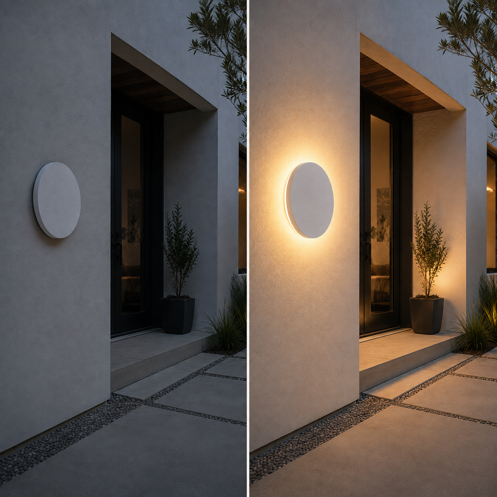 Outdoor wall light shown off and glowing on a modern exterior entry wall in a split scene.