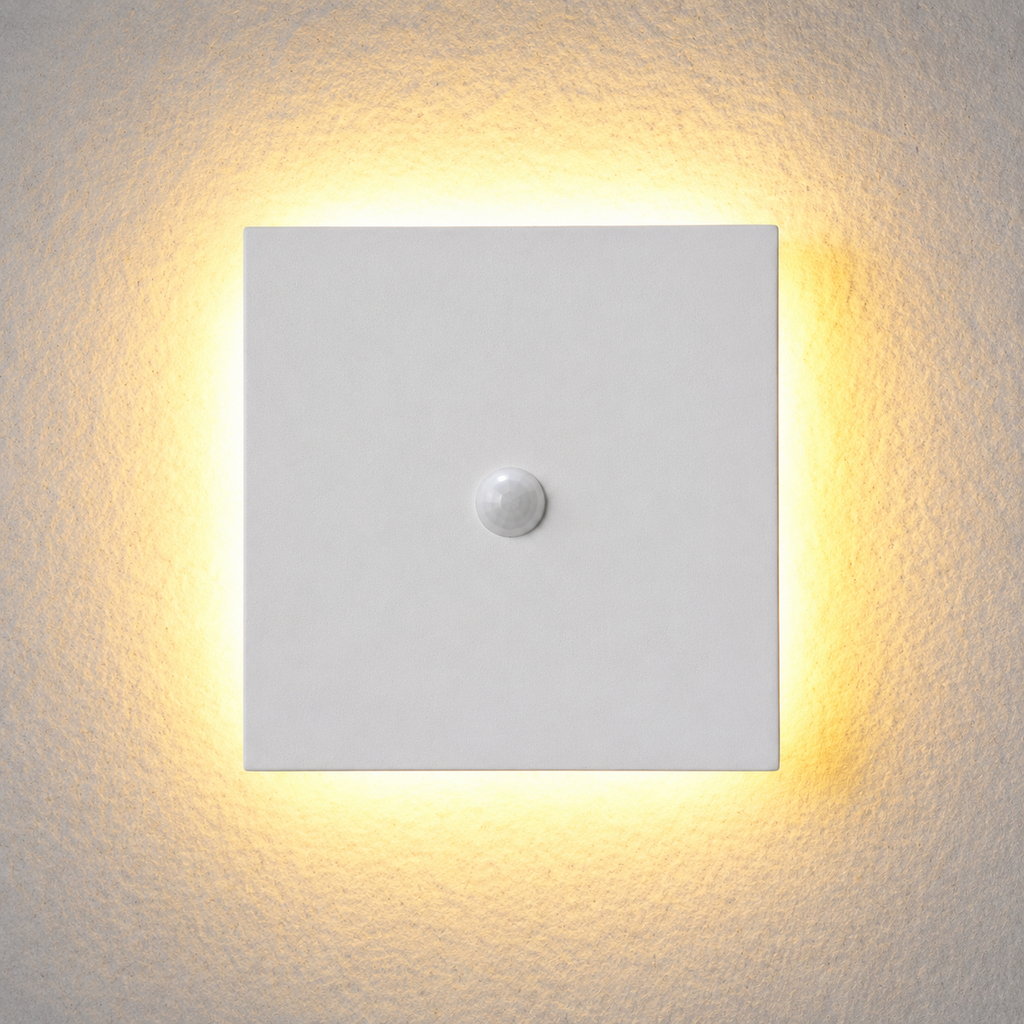 Square white outdoor wall sconce with a central sensor and warm halo on a light wall.