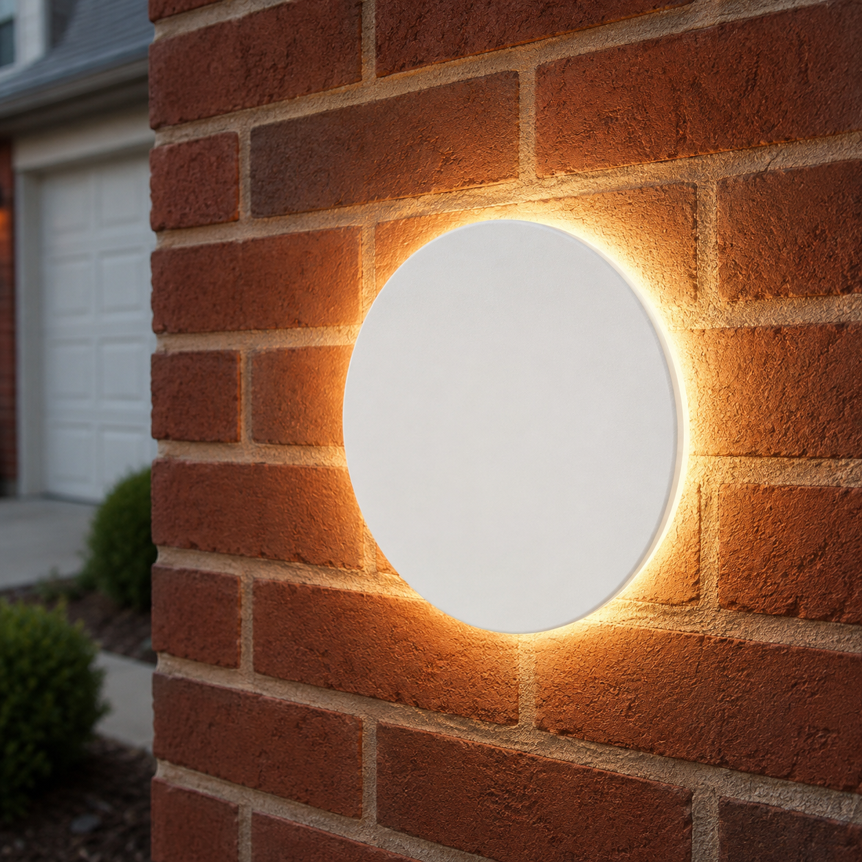 White round outdoor wall light mounted and glowing on a red brick exterior wall.