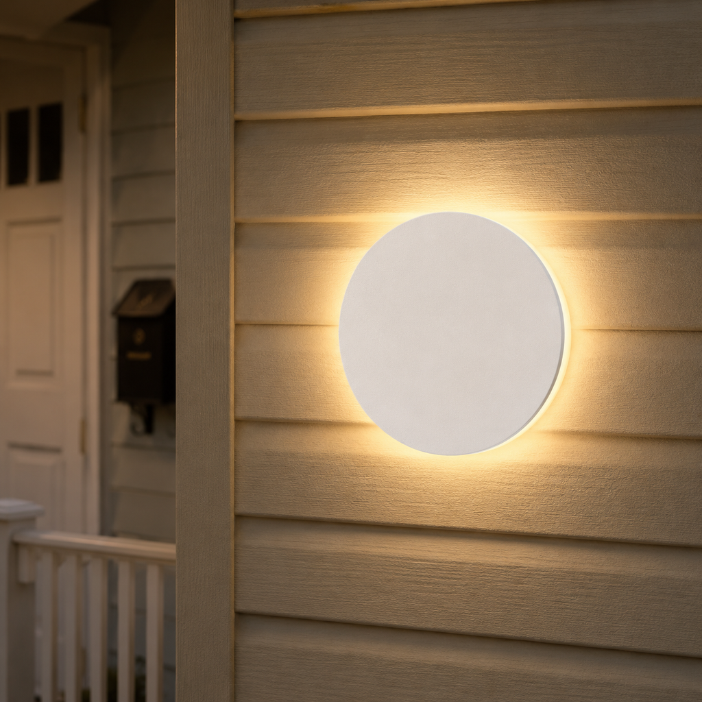 White round outdoor wall light glowing on horizontal gray siding beside a doorway.