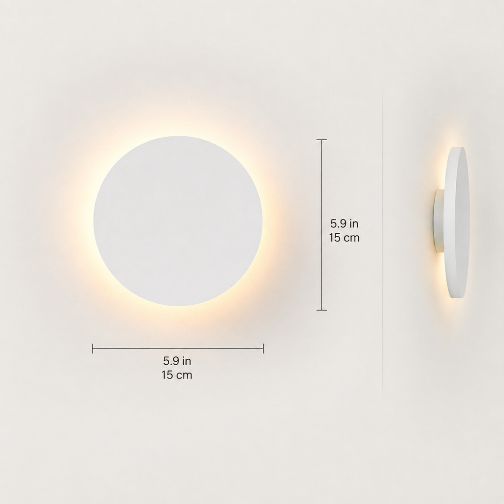 Outdoor wall light dimension graphic showing front and side views of the round white fixture.