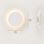 Outdoor wall light dimension graphic showing front and side views of the round white fixture.