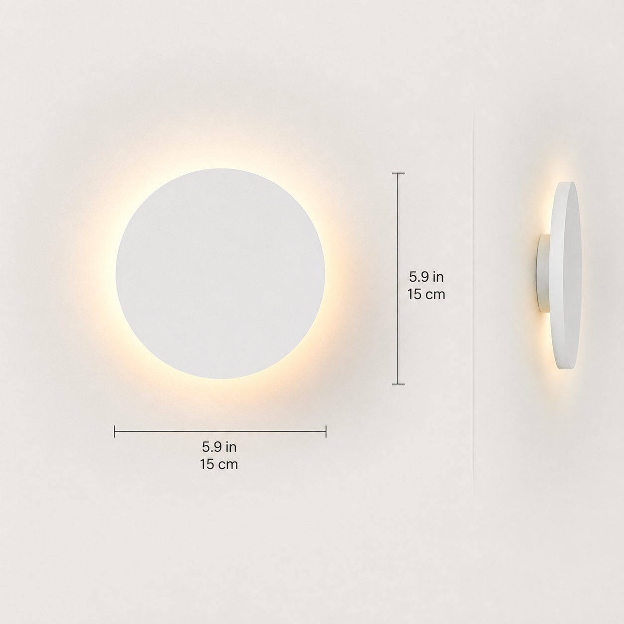 Outdoor wall light dimension graphic showing front and side views of the round white fixture.