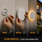 Outdoor wall light installation graphic showing wiring, mounting, and the illuminated fixture outside.