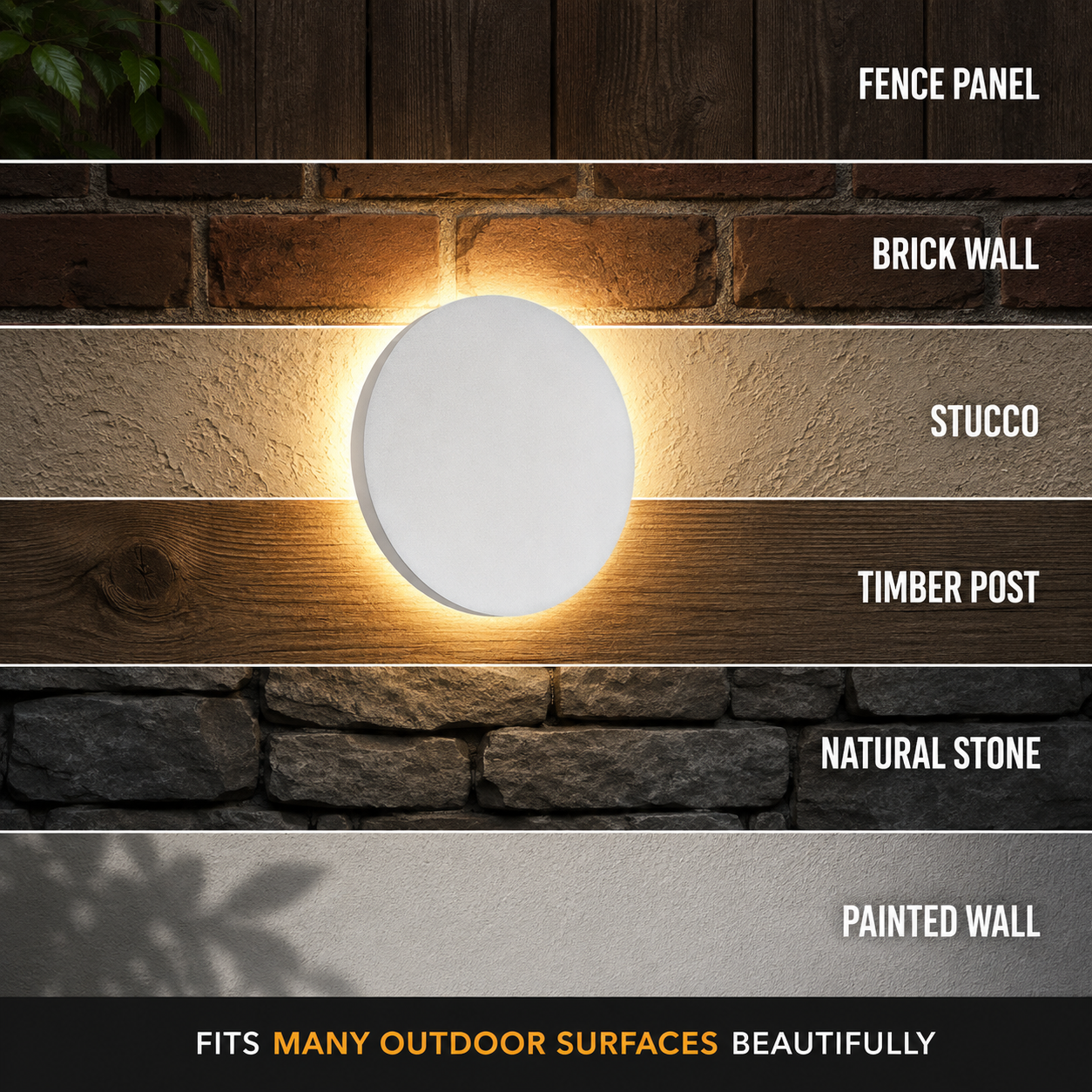 White outdoor wall light displayed against several labeled wall surface examples.
