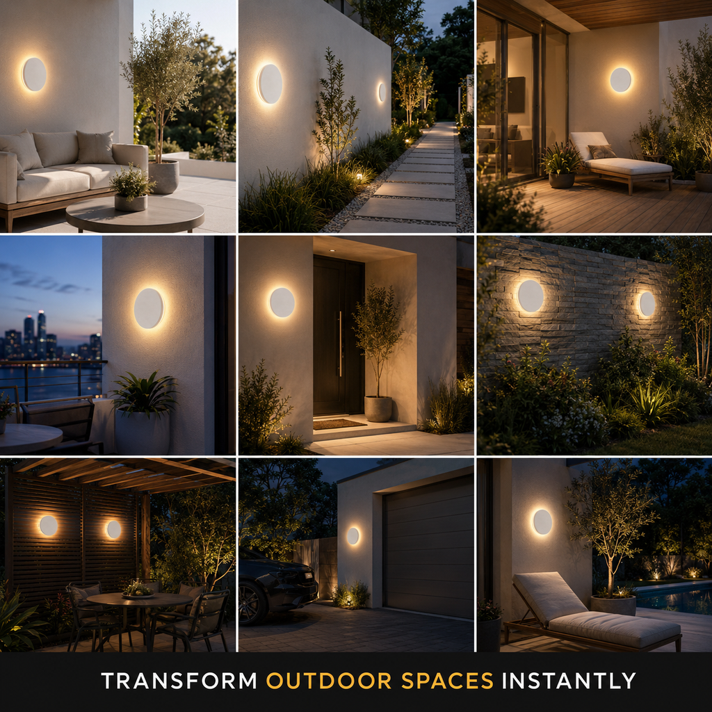 Outdoor wall light collage showing the glowing round fixture in nine exterior home settings.