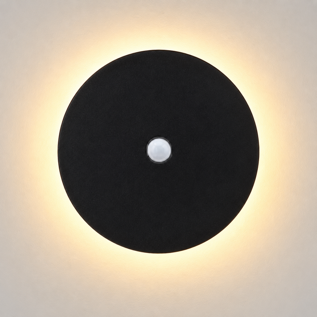 Round black outdoor wall sconce with a central sensor and warm backlit glow on a light wall.