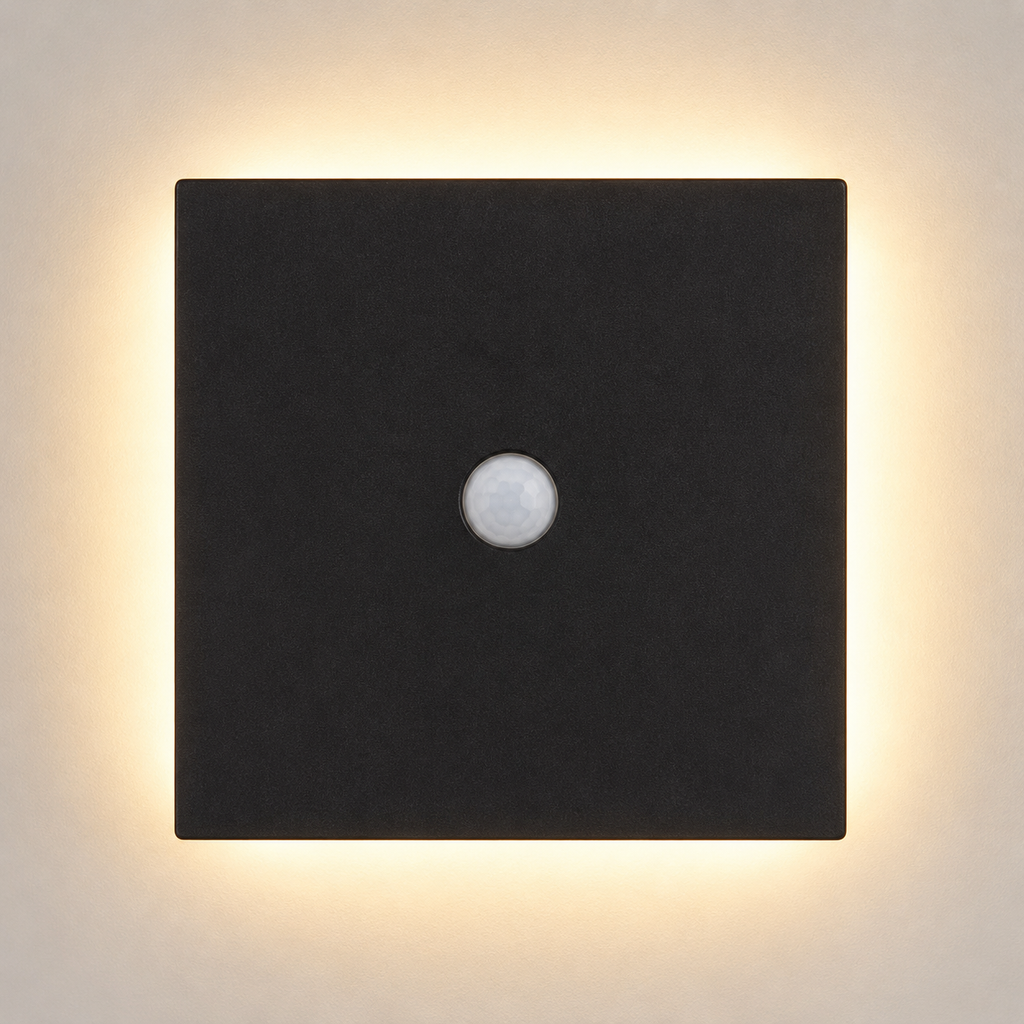 Square black outdoor wall sconce with a central sensor and warm halo on a light wall.