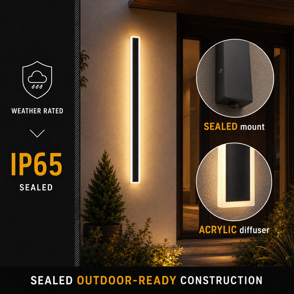 Outdoor wall sconce beside an IP65 graphic and close-up views of its black rectangular body.