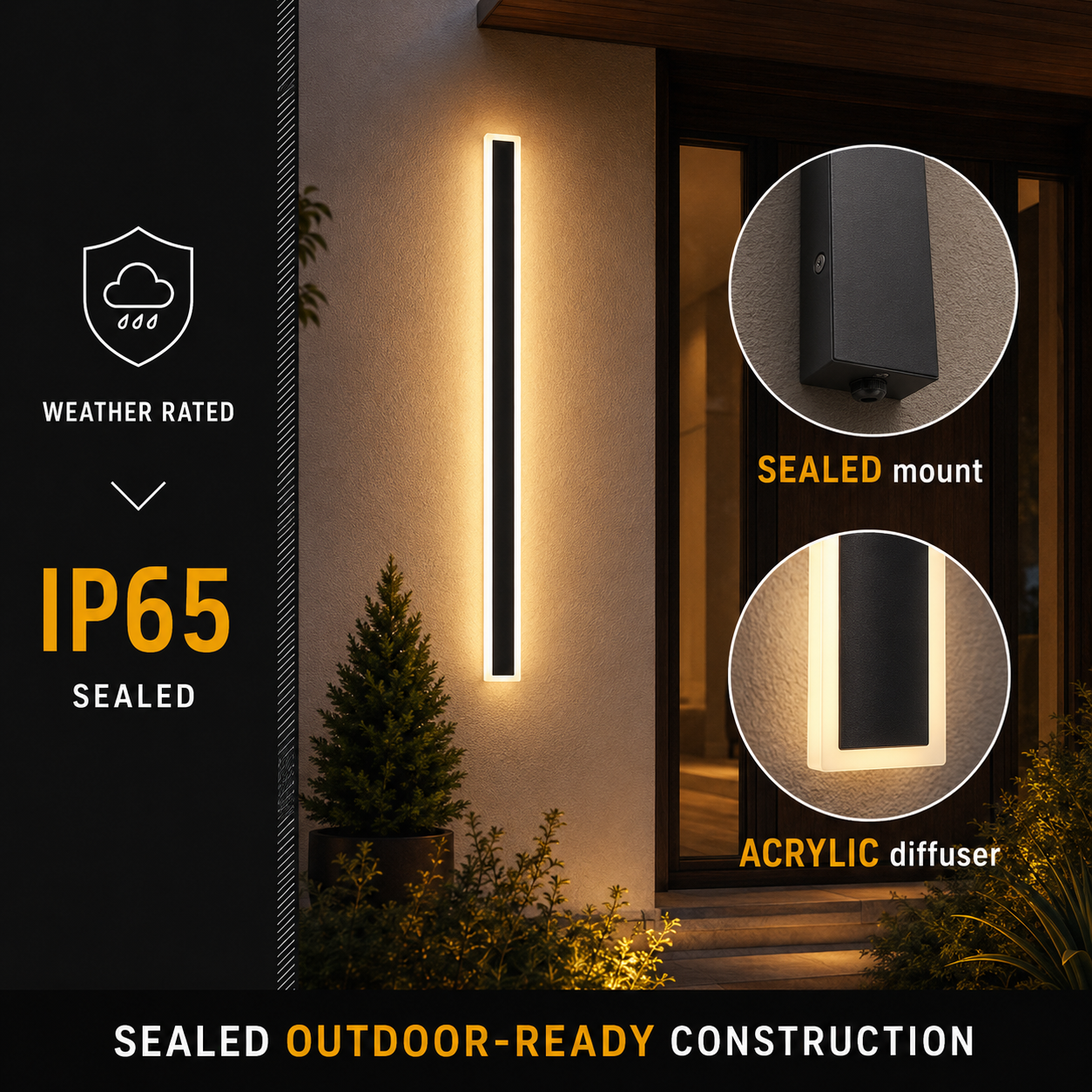 Outdoor wall sconce beside an IP65 graphic and close-up views of its black rectangular body.