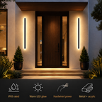 Two outdoor wall sconce fixtures glowing on both sides of a dark front entrance.