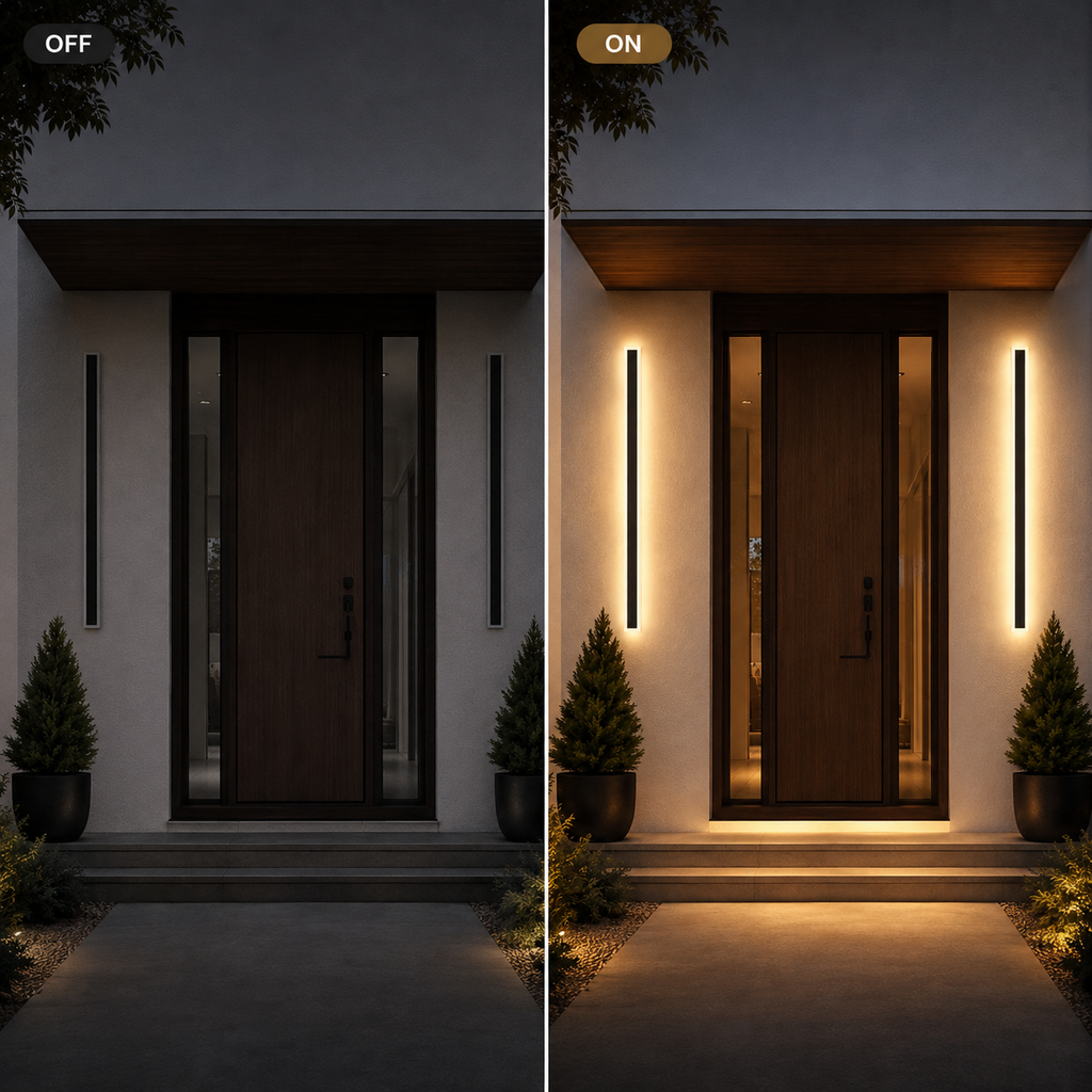 Outdoor wall sconce shown unlit and glowing warm in a split view of the same front doorway.