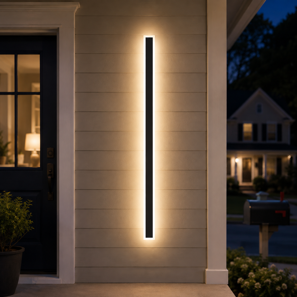Outdoor wall sconce glowing beside a dark front door on a covered porch at night.