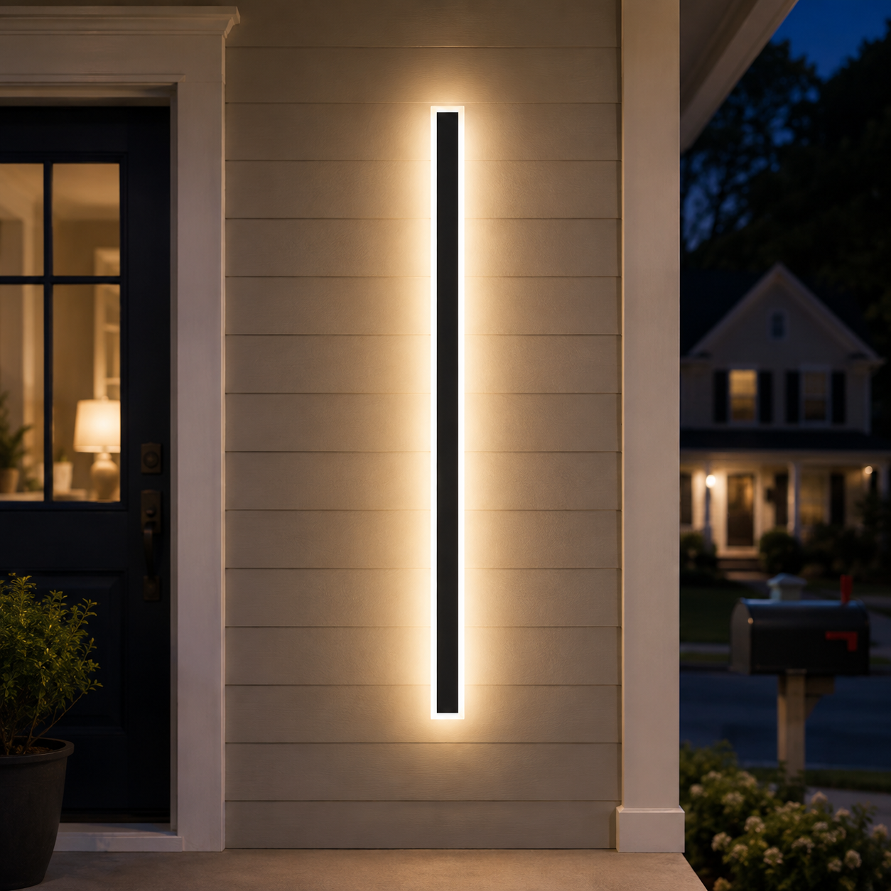 Outdoor wall sconce glowing beside a dark front door on a covered porch at night.