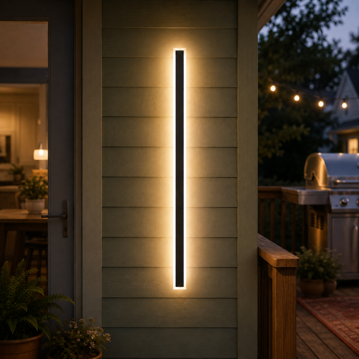 Outdoor wall sconce casting warm light on horizontal exterior siding beside a patio.