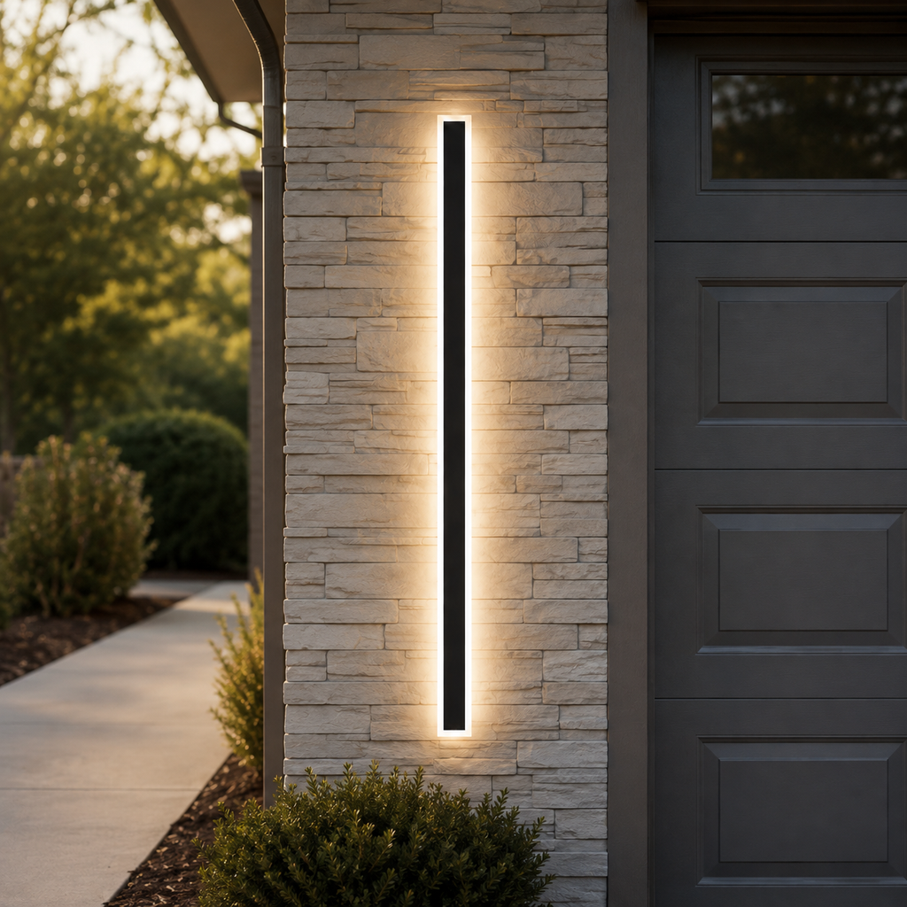 Outdoor wall sconce mounted on a brick entry wall beside a gray garage door.