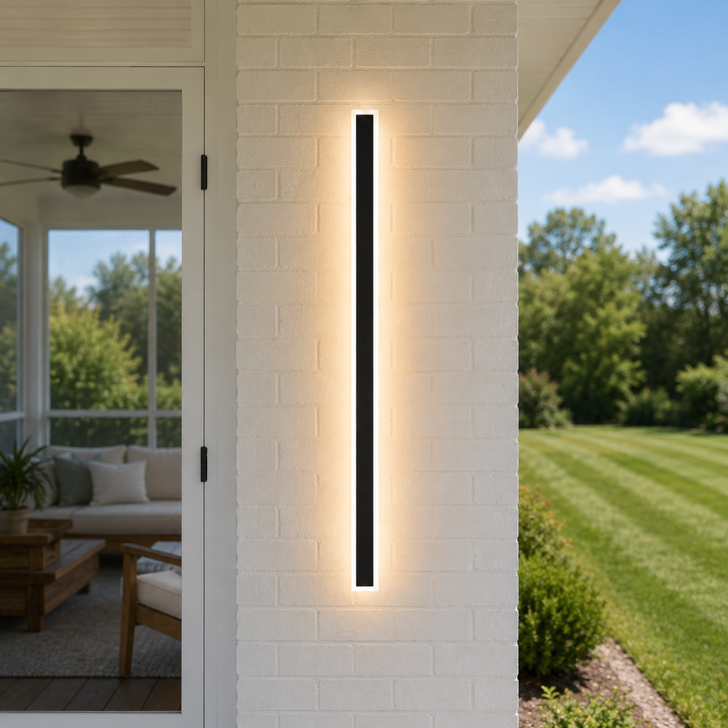 Outdoor wall sconce glowing on a white patio column with a green lawn in the background.
