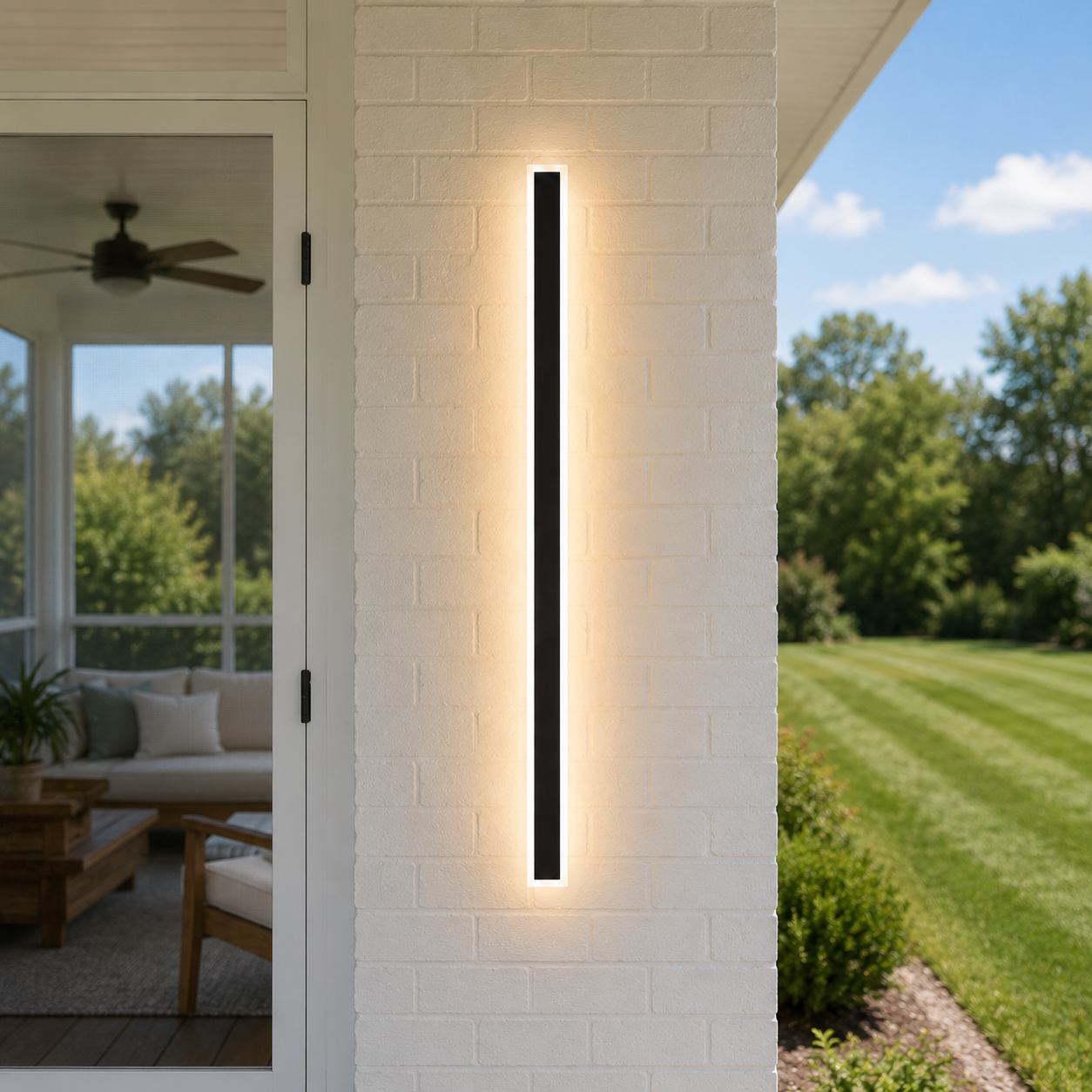 Outdoor wall sconce glowing on a white patio column with a green lawn in the background.