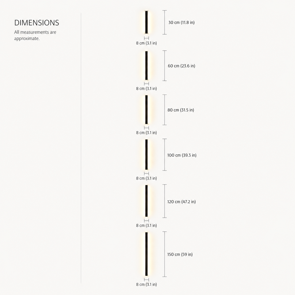 Outdoor wall sconce size chart showing several vertical fixture lengths on a white background.