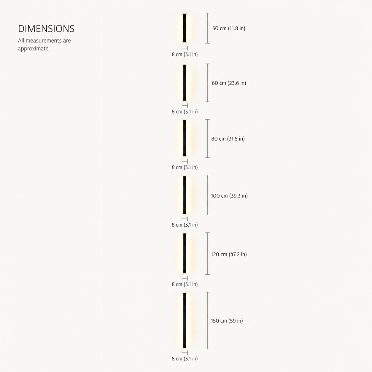 Outdoor wall sconce size chart showing several vertical fixture lengths on a white background.