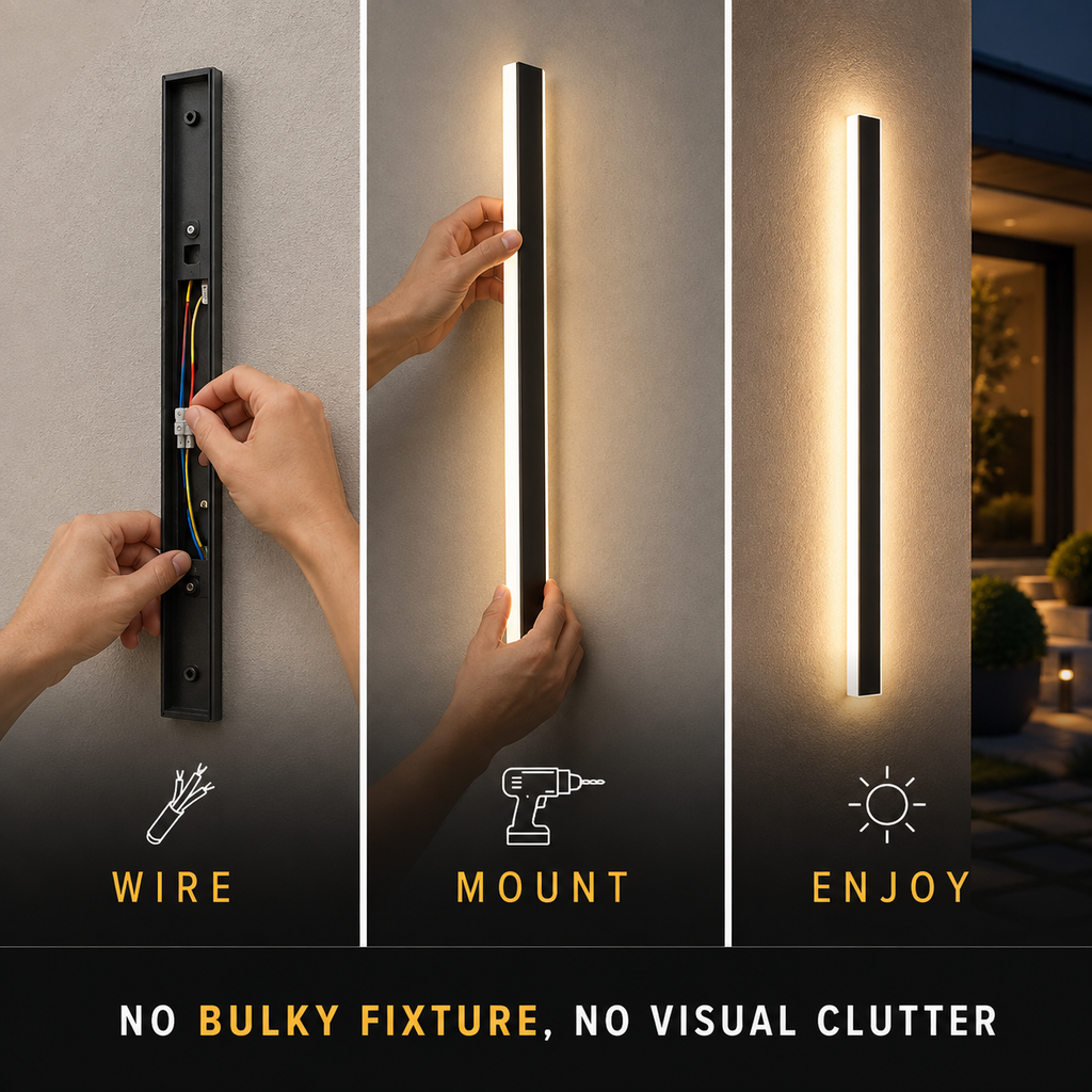 Outdoor wall sconce shown in three panels with hands mounting it and the fixture illuminated.