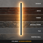 Outdoor wall sconce glowing across brick, wood, stone, and concrete wall sections.
