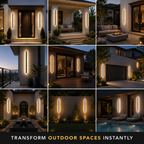 Outdoor wall sconce displayed across nine exterior home settings in a square grid.