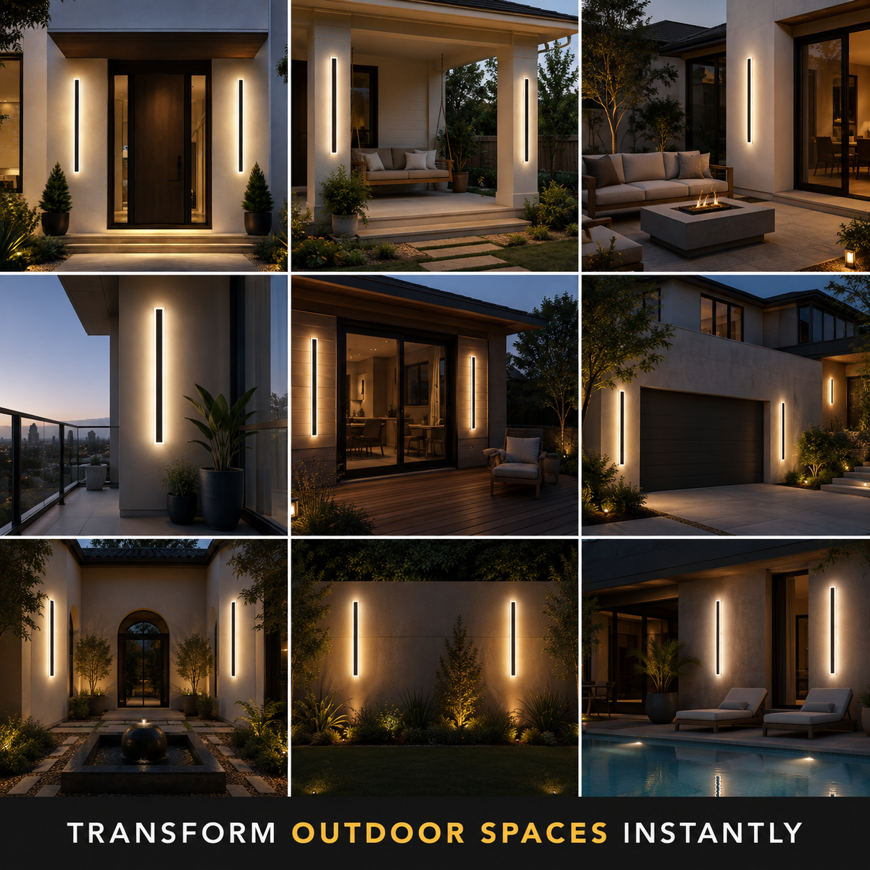 Outdoor wall sconce displayed across nine exterior home settings in a square grid.