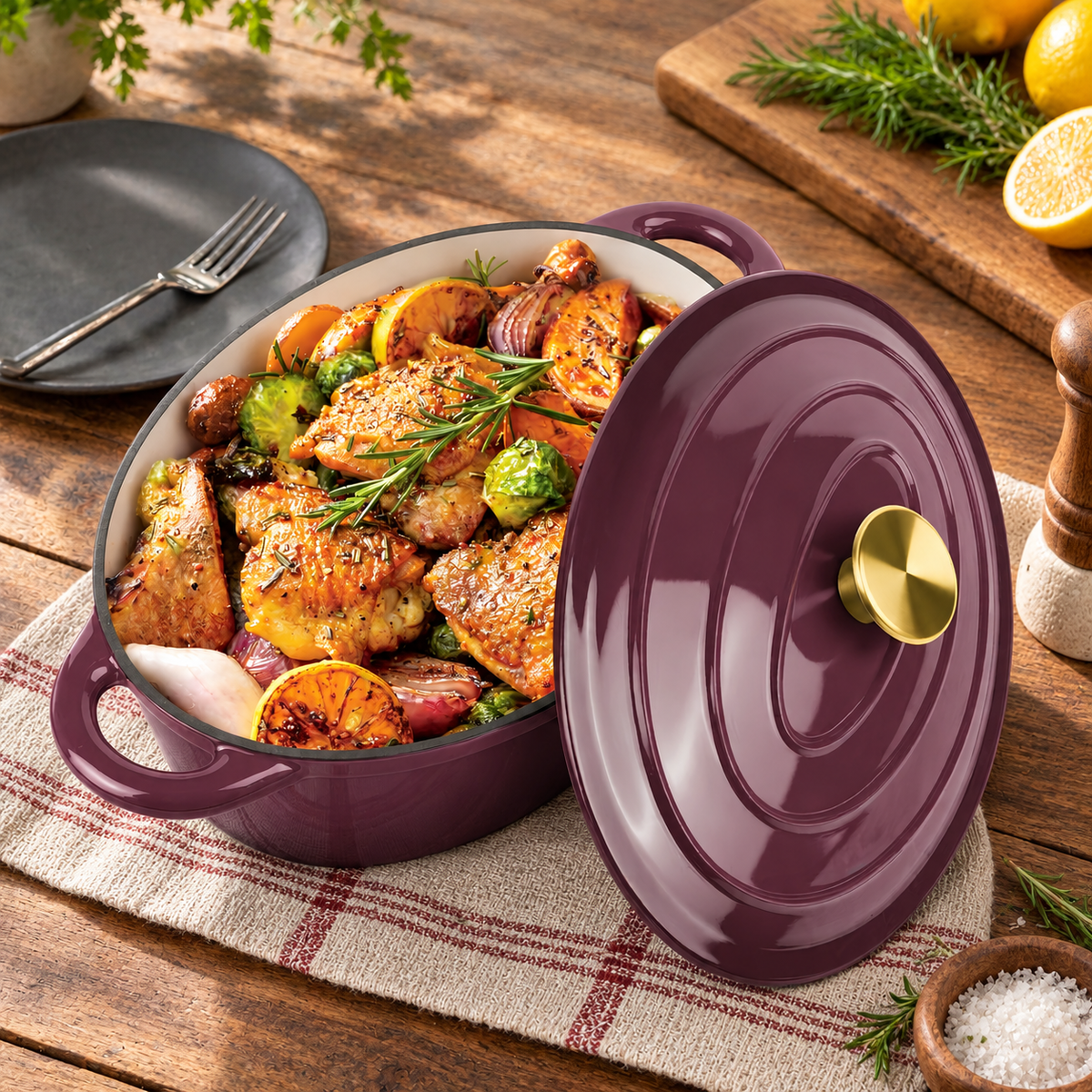 Burgundy oval enameled Dutch oven with lid and prepared meal