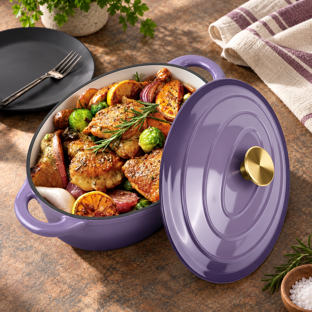 Lavender oval enameled Dutch oven with lid beside roasted food