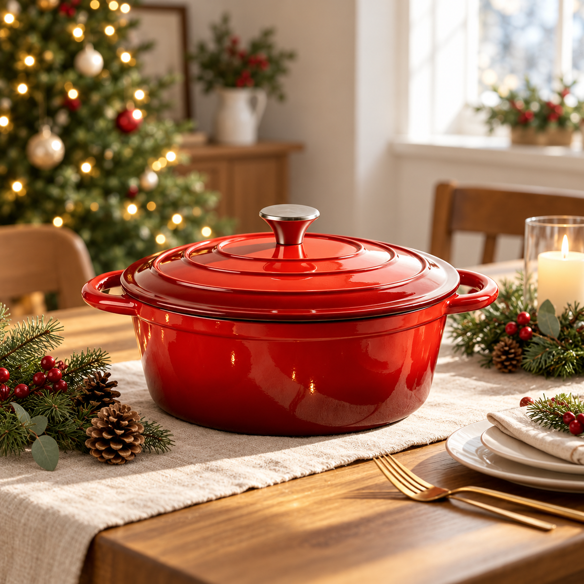 Red 4.5 quart oval Dutch oven with matching lid